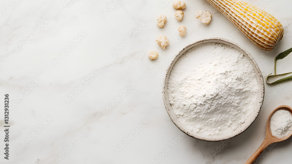 Corn starch in a bowl with ripe cobs and kernels on a rustic wooden table Corn starch in a bowl with ripe cobs and kernels on a rustic wooden table