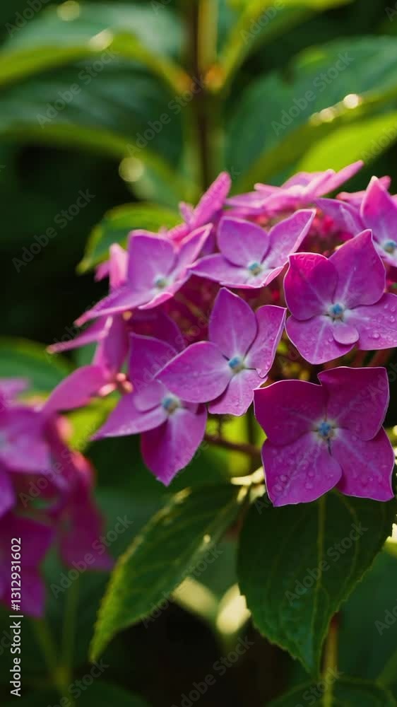 A busy bee collects nectar from pink hydrangea blossoms in a sunny garden. The soft light of golden hour enhances the beauty of nature's colors and life. A busy bee collects nectar from pink hydrangea blossoms in a sunny garden. The soft light of golden hour enhances the beauty of nature's colors and life.