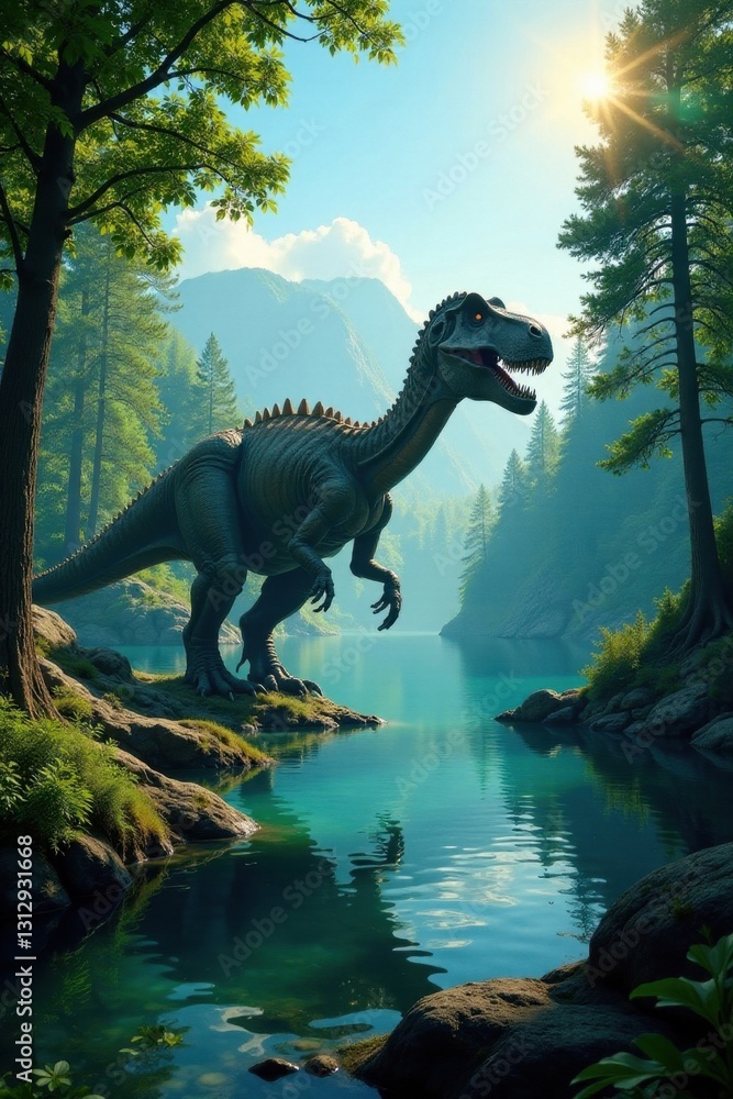 Fototapeta premium Giant dinosaur bones stand amidst tranquil lake, sun dappled forest surrounds, water, nature, primeval