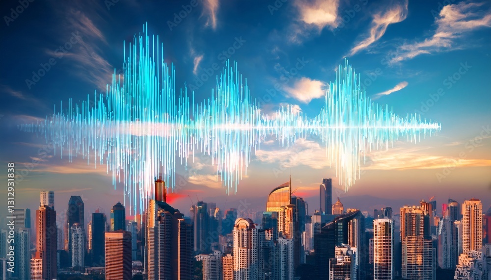 Fototapeta premium Cityscape Pulse: A vibrant cityscape pulsates with energy, visualized through an ethereal sound wave overlay against a backdrop of a dramatic sky.