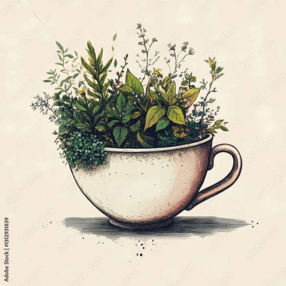 A decorative teacup filled with various green plants and flowers A decorative teacup filled with various green plants and flowers
