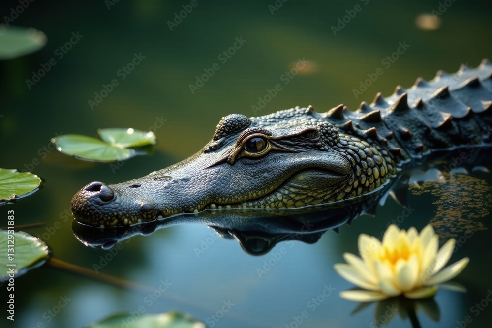 Fototapeta premium Large alligator partially submerged, water lilies nearby , pond, Florida, Alligator