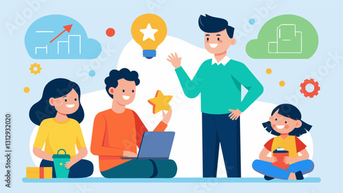 In a session on positive reinforcement Gen X parents brainstorm creative ways to reward good behavior and motivate their children.. Vector illustration