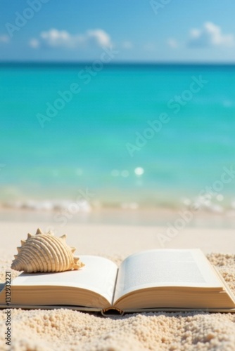 Seashell beside novel on sandy beach, clear blue sky , texture, blue, beach