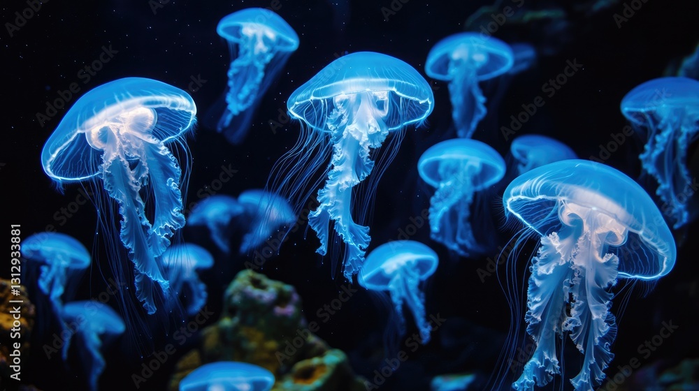 Ethereal Jellyfish Gliding Gracefully Through Deep Ocean Waters Illuminated by Soft Blue Light Ethereal Jellyfish Gliding Gracefully Through Deep Ocean Waters Illuminated by Soft Blue Light
