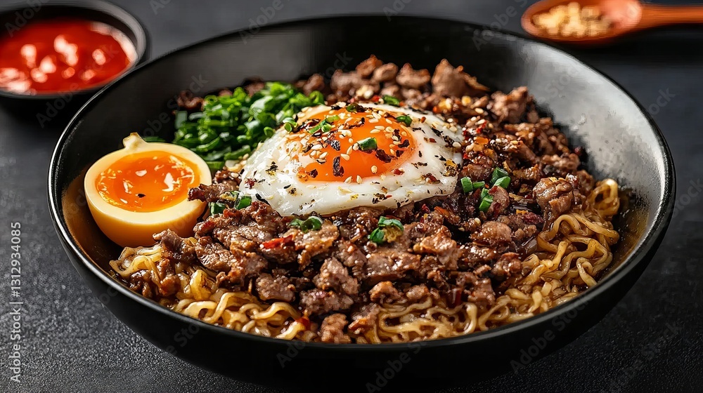 Savory noodle bowl with seasoned ground meat, a fried egg, and a soft boiled egg. Delicious! Savory noodle bowl with seasoned ground meat, a fried egg, and a soft boiled egg. Delicious!