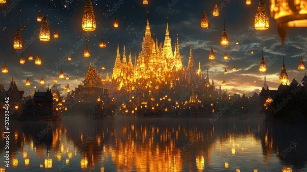Obraz premium Majestic Illuminated Temple Complex Reflecting in Serene Water at Twilight with Floating Lanterns and Starry Sky