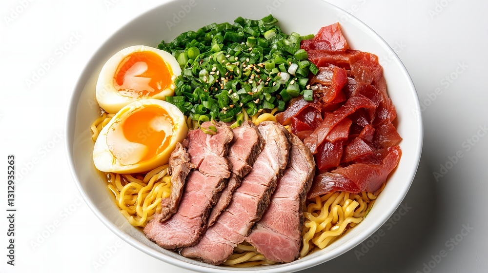 A delicious bowl of ramen noodles with sliced meat, soft boiled eggs, and spring onions. A delicious bowl of ramen noodles with sliced meat, soft boiled eggs, and spring onions.