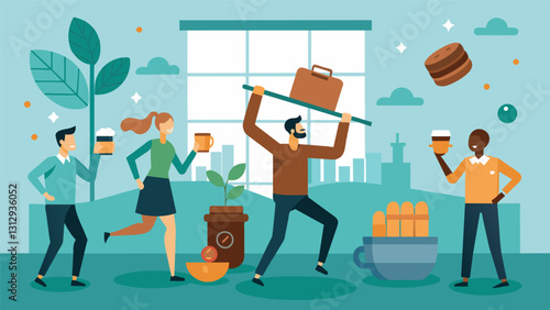 The scent of freshly brewed coffee wafts through the room as employees grab energyboosting trail mix and protein bars.. Vector illustration