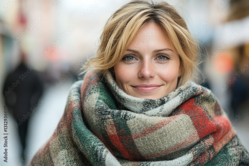 A Young Woman with Blonde Hair Smiling in a Cozy, Colorful Scarf on a Busy City Street During the Daytime, Capturing a Moment of Happiness and Warmth A Young Woman with Blonde Hair Smiling in a Cozy, Colorful Scarf on a Busy City Street During the Daytime, Capturing a Moment of Happiness and Warmth