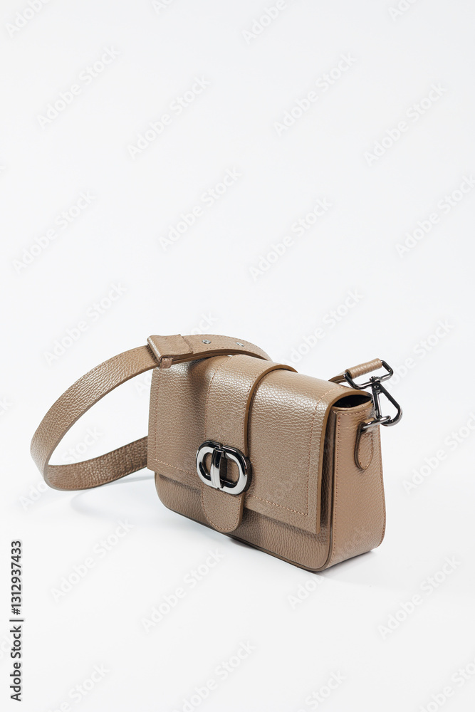 Classic brown leather women's bag on a white background. Women's accessory. Ladies handbag