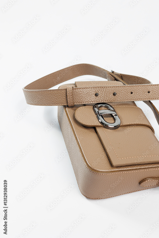 Classic brown leather women's bag on a white background. Women's accessory. Ladies handbag