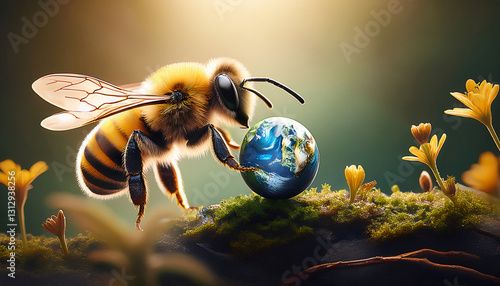 Buzzing Guardian: A gentle giant bee tenderly holds the earth in its care, framed by delicate blooms and vibrant greenery, symbolizing the crucial link between nature, environment, and our planet.