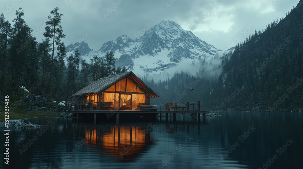 Fototapeta premium Lakeside cabin glows warmly at mountain lake