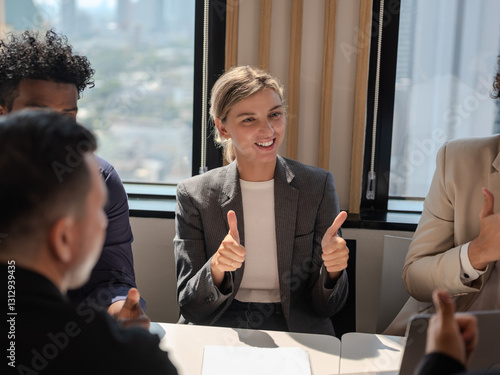 CEO or meeting leader giving thumbs up, liking work or business partner while shaking hands with businessman, professional team making legal business deal after negotiation is completed,