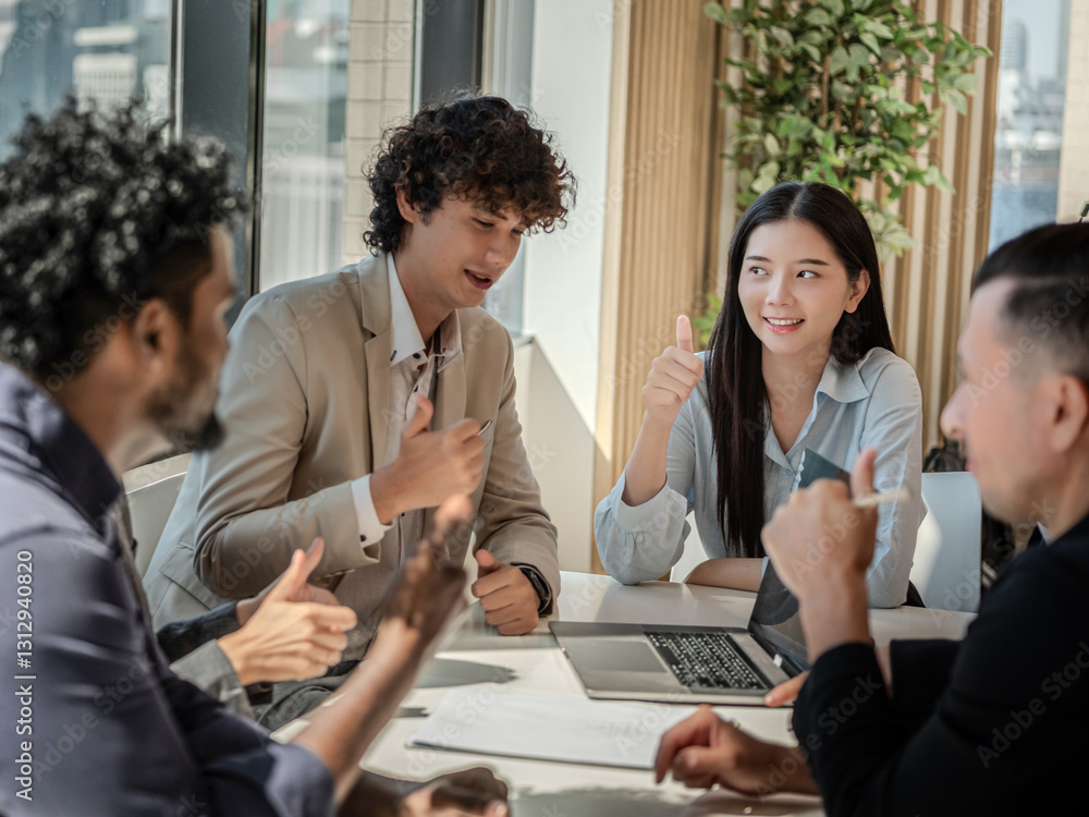 CEO or meeting leader giving thumbs up, liking work or business partner while shaking hands with businessman, professional team making legal business deal after negotiation is completed,