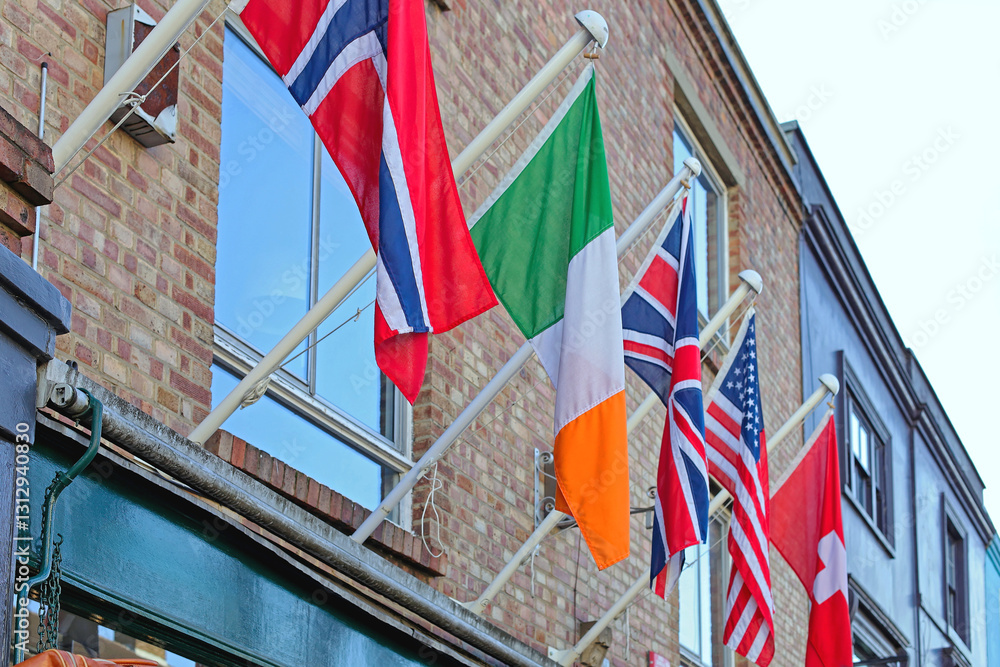 World Flags in Row at Old Building International Travel in London United Kingdom