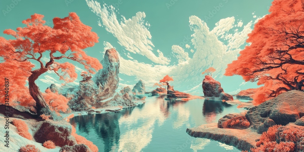 Fototapeta premium Artistic landscape featuring water rocks trees and sky with clouds