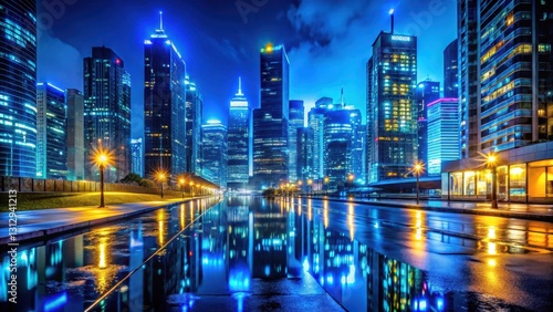 Neon blue and yellow glowing light reflecting off dark city street at night with tall buildings in background  nightlife  urban landscape