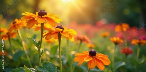Sun-drenched rudbeckia and verbena in a late summer garden scene , detail, stock photo, nature