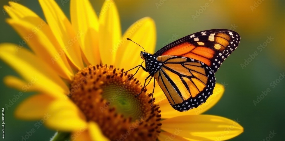 Fototapeta premium Closeup of monarch butterfly's wings on sunflower, wildlife, yellow