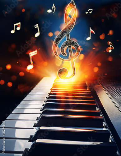 Musical Ascension: An awe-inspiring scene of a grand piano keyboard, culminating in an effervescent treble clef radiating with energy. Scattered musical notes dance about it.