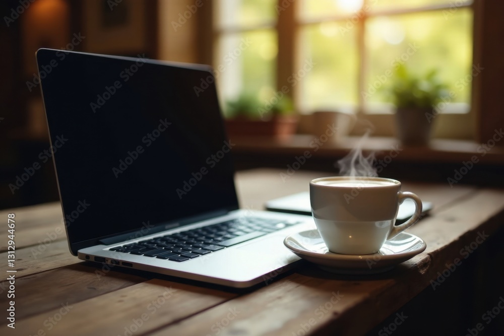 Laptop and steaming coffee on rustic wooden desk , wooden, lifestyle Laptop and steaming coffee on rustic wooden desk , wooden, lifestyle