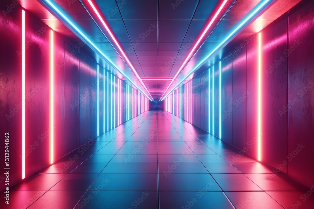 A long corridor features glowing neon lights in shades of pink and blue, creating a striking visual effect in a contemporary setting during nighttime A long corridor features glowing neon lights in shades of pink and blue, creating a striking visual effect in a contemporary setting during nighttime