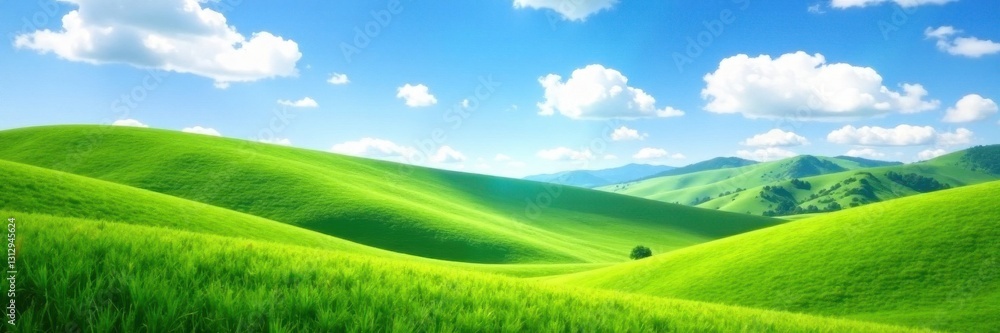 Undulating green hills bathed in sunlight, clear blue sky with scattered clouds, outdoor, scenic Undulating green hills bathed in sunlight, clear blue sky with scattered clouds, outdoor, scenic