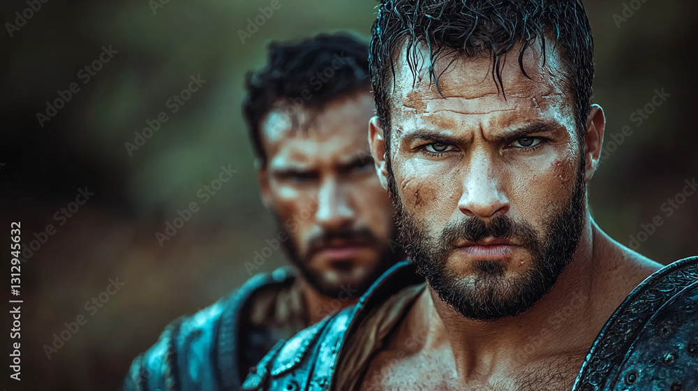 Two weathered warriors, faces etched with hardship and unwavering determination Two weathered warriors, faces etched with hardship and unwavering determination