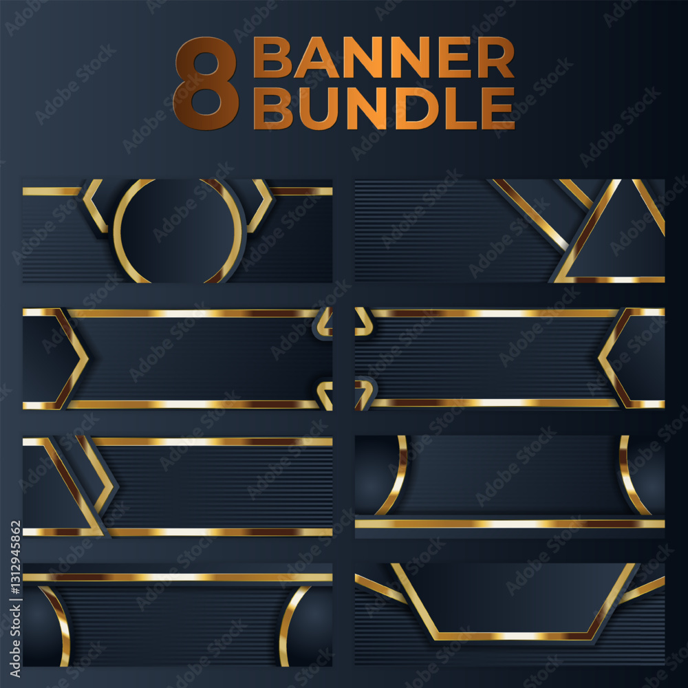 Naklejka premium Eight Dark Blue Gold Banners Set, Geometric Design, Digital Download