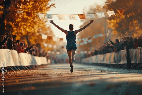 A runner crosses the finish line with arms raised in triumph as spectators cheer in a festive atmosphere. The event takes place in a colorful autumn setting