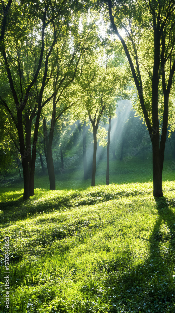 Obraz premium Sunlight filtering through verdant woodland, casting golden rays and ethereal glow