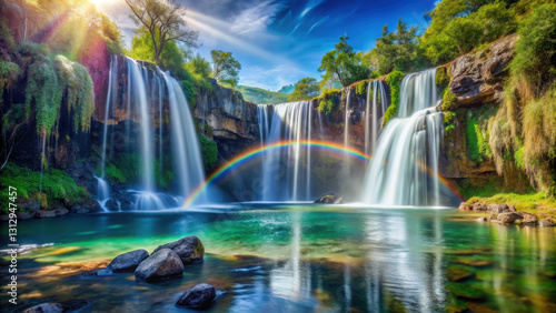 stunning waterfall cascading gently into serene pool, with vibrant rainbow