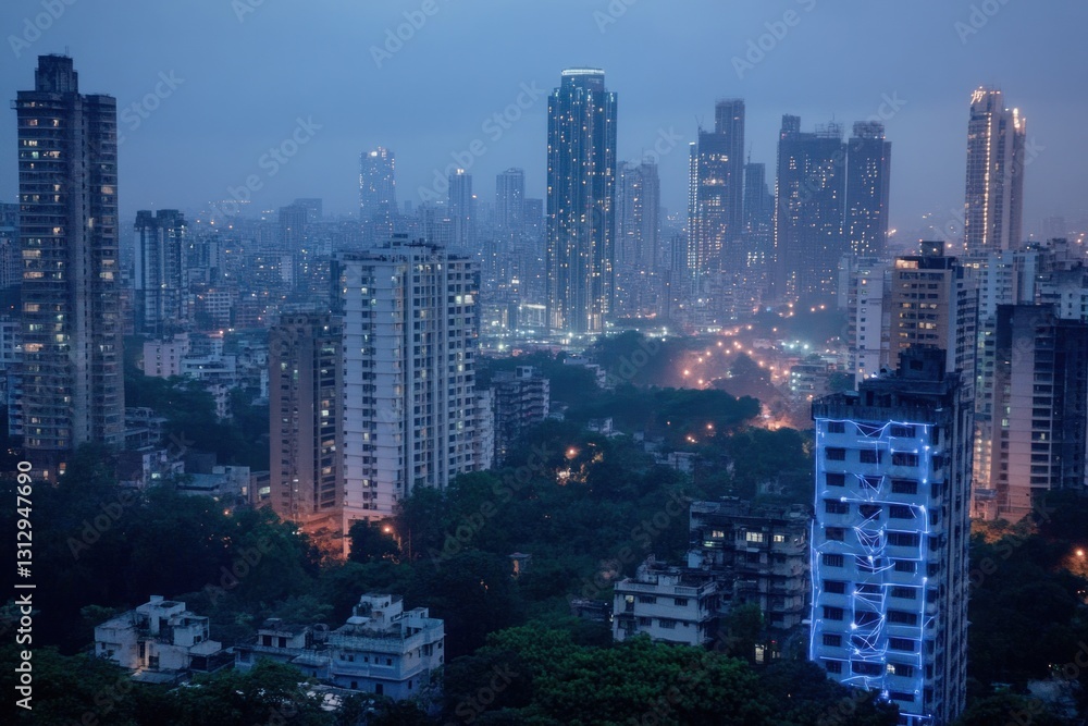 Fototapeta premium Twilight cityscape view of high-rise buildings and city lights.