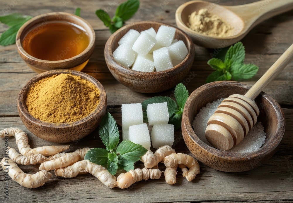 Assortment of Natural Ingredients for Cooking and Baking on Rustic Wooden Table with Honey, Sugar Cubes, and Fresh Mint Leaves Assortment of Natural Ingredients for Cooking and Baking on Rustic Wooden Table with Honey, Sugar Cubes, and Fresh Mint Leaves