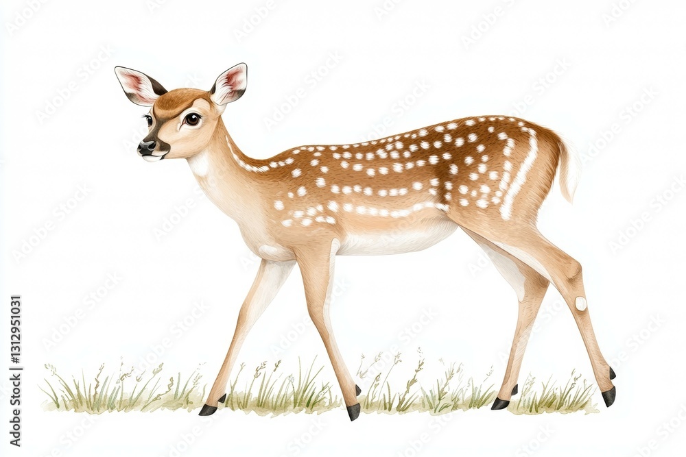 Deer with white spots is walking across a grassy field Deer with white spots is walking across a grassy field