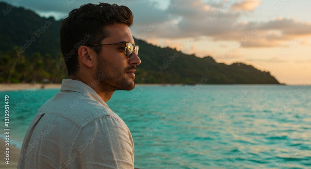 Man in white shirt and sunglasses enjoying sunset view on tropical beach. Summer vacation, travel lifestyle, coastal relaxation concept. Picturesque seascape background. Man in white shirt and sunglasses enjoying sunset view on tropical beach. Summer vacation, travel lifestyle, coastal relaxation concept. Picturesque seascape background.