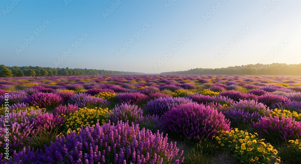 Naklejka premium Vibrant Lavender Yellow Flower Field at Sunrise Nature Landscape