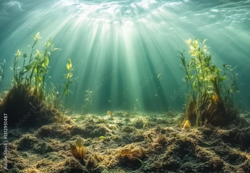 Naklejka premium Beautiful underwater scene showcasing sun rays illuminating aquatic plants and vibrant marine life in a tranquil natural environment