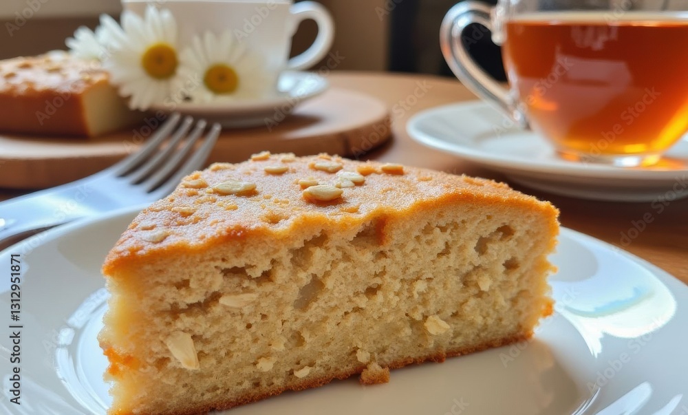 Delicious slice of cake with tea Delicious slice of cake with tea