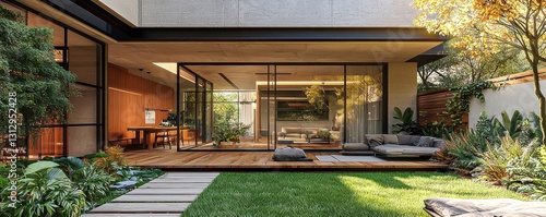 Contemporary apartment design featuring innovative architecture with stylish facades elegant doors beautiful flooring and a serene garden with lush grass, creating a harmonious living space.