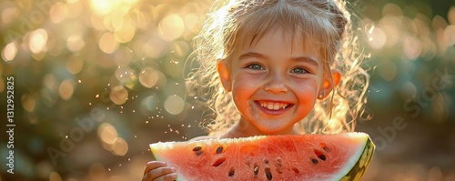 Playful young girl spits out juicy melon seed amidst a funny watermelon eating scene, capturing the hoyden spirit.