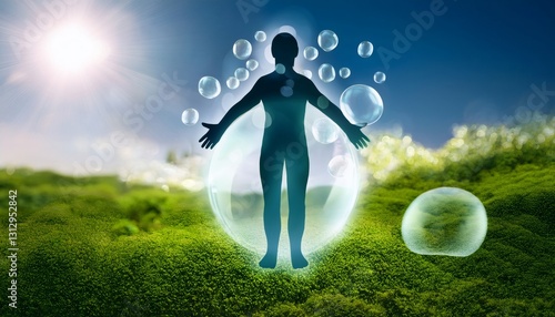 Protected silhouette: An abstract depiction of a silhouette figure encapsulated in a protective bubble, standing amidst a vibrant field, symbolizing health, security, and well-being.