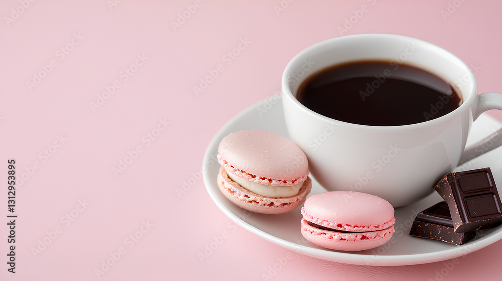 Cup of black coffee with macarons and chocolate on a pink background Cup of black coffee with macarons and chocolate on a pink background