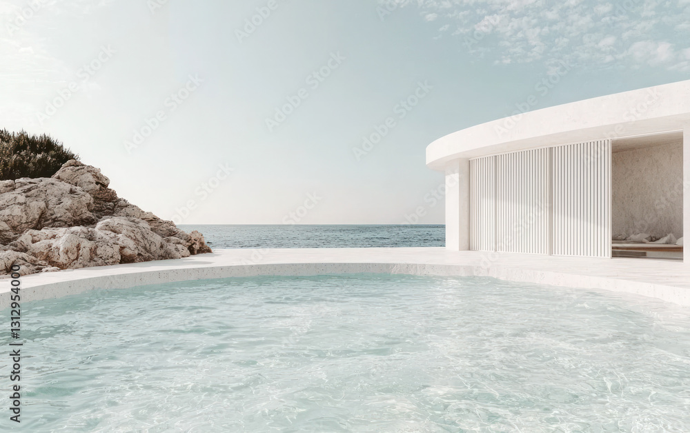 Fototapeta premium Seascape Minimalist Architecture: Sunlit White Structure and Infinity Pool