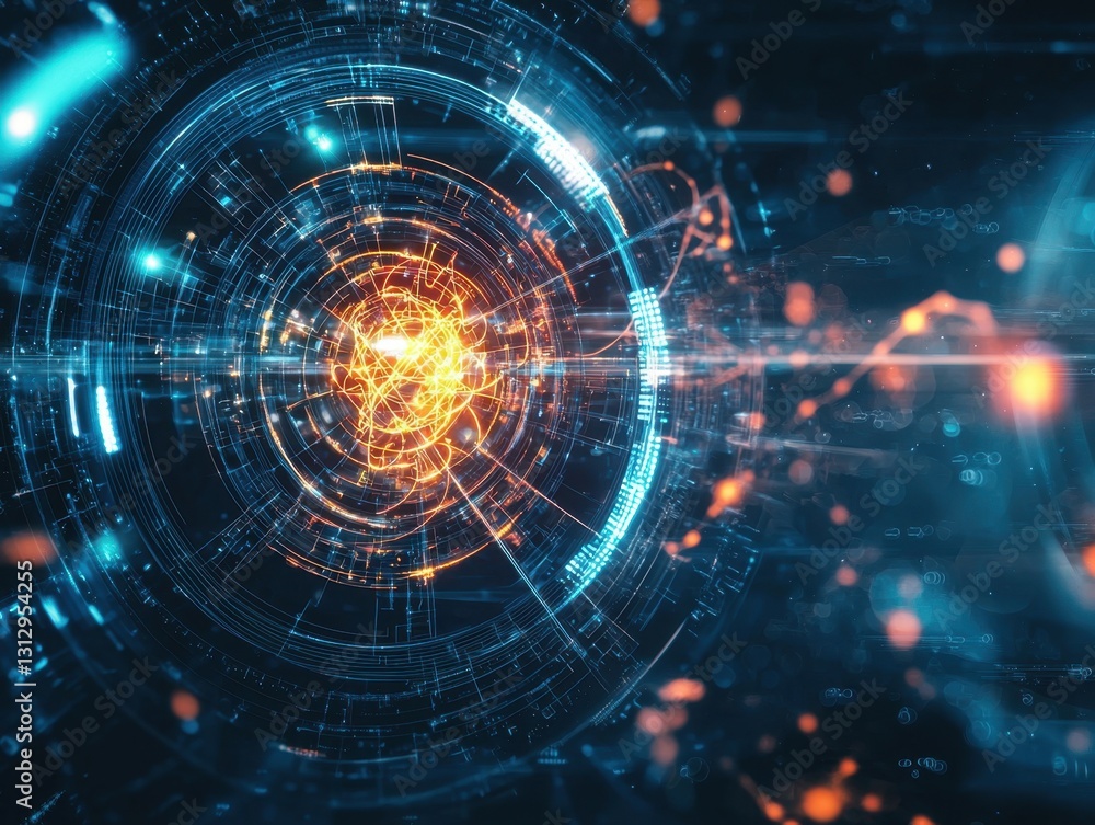 Obraz premium Futuristic technology with intertwined glowing lines, depicting complex data transfer, connection, or energy vortex. Abstract digital background.