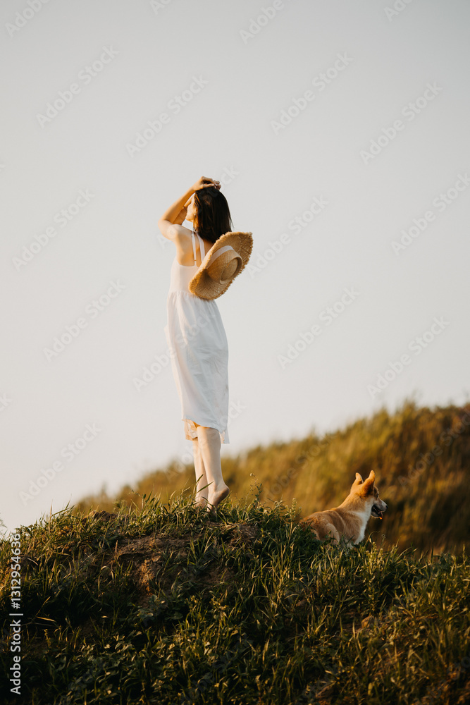 An Ethereal Dreamer with their beloved Dog at Dusk on a Serene Hillside, embracing the beauty