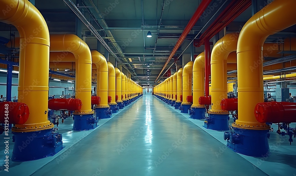 Fototapeta premium Industrial Facility Interior with Yellow and Red Pipes