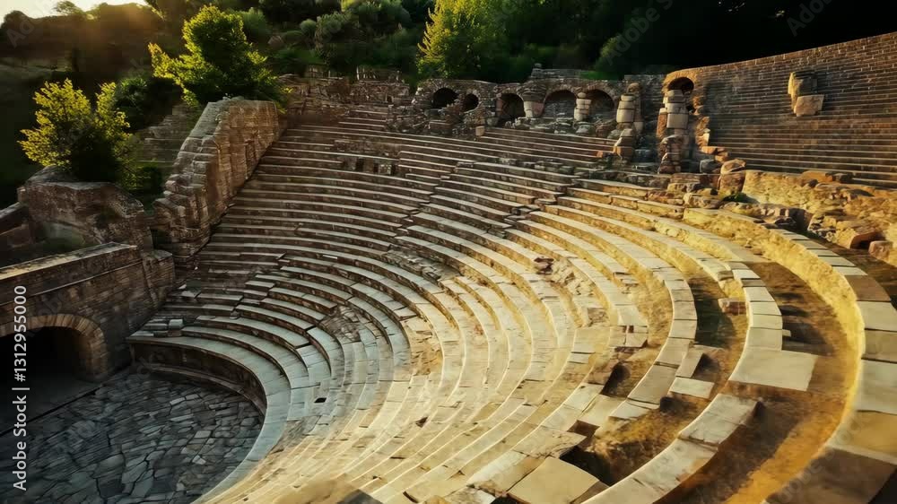 Ancient stone theater bathed in golden sunlight during sunset, showcasing its architectural beauty and historical significance Ancient stone theater bathed in golden sunlight during sunset, showcasing its architectural beauty and historical significance